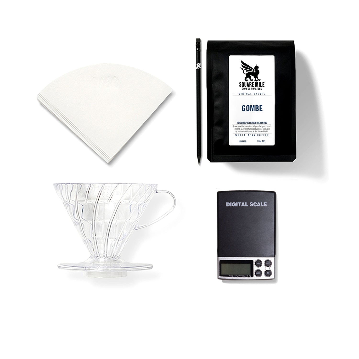 A coffee brewing kit including filter papers, V60, pencil, scale and a bag of coffee.